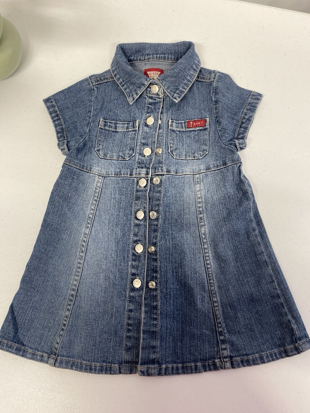 Guess Baby Denim Dress & Bloomers Set 24M Blue Snap Front Short Sleeve Toddler